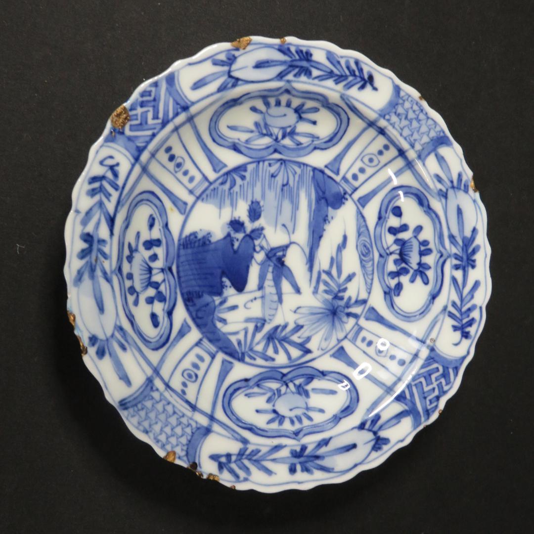 染付 小皿 皿 古伊万里 飛蝗文様 江戸 歪み 欠け 直し 芙蓉手 B傷多め