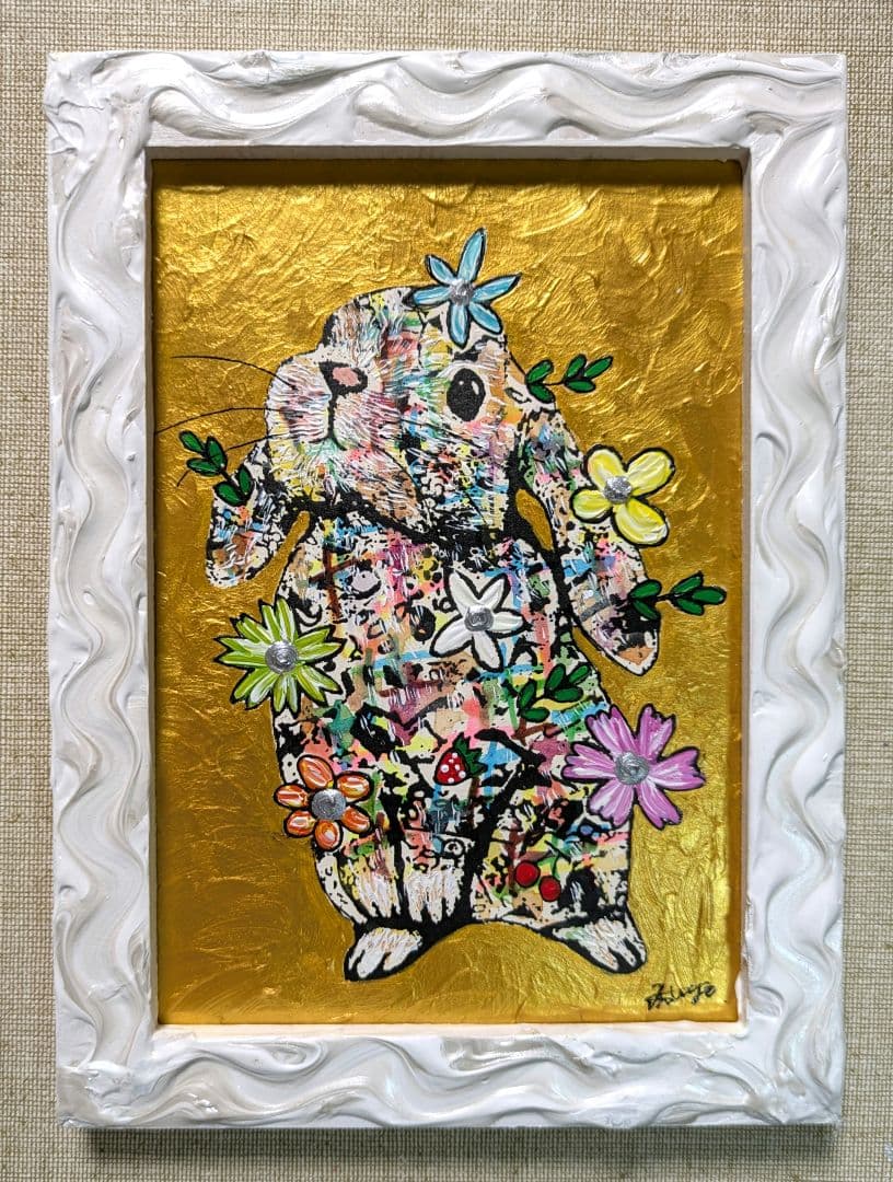 手作り額付き作品　「静かなる月下の夢ウサギ」