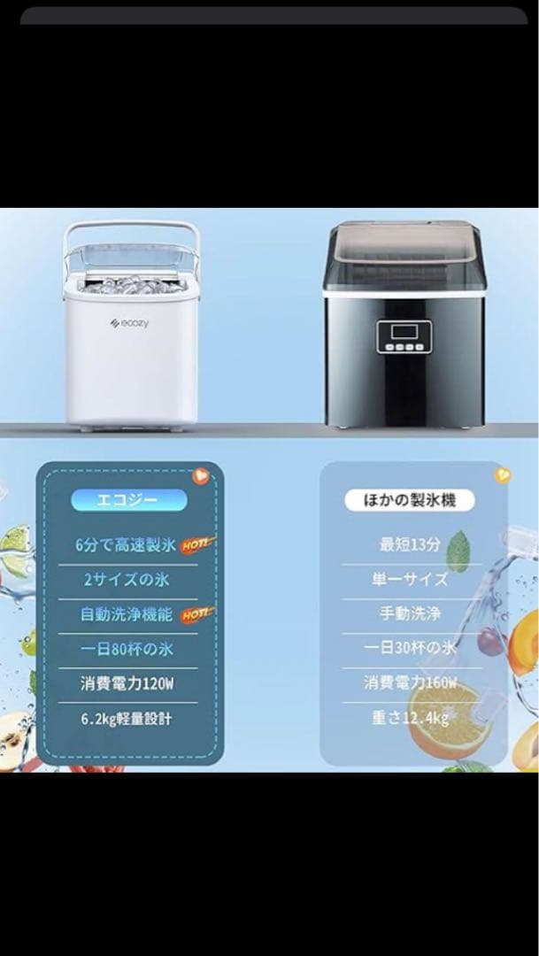 ecozy 製氷機 家庭用 最速6分 自動洗浄機能付き コンパクト ホワイト
