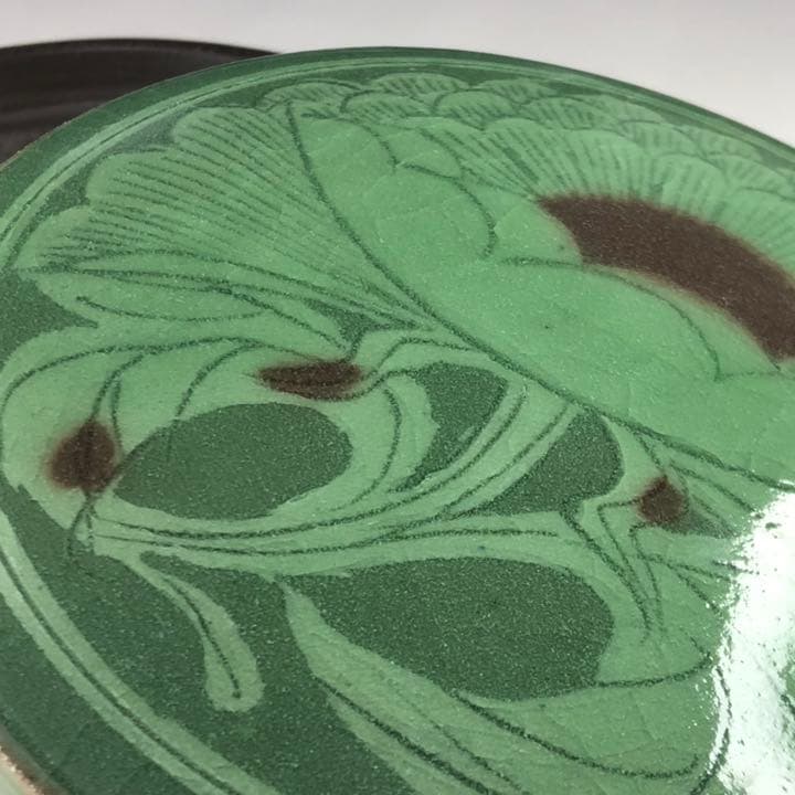 中島正雄 青磁 牡丹文 陶硯 香合