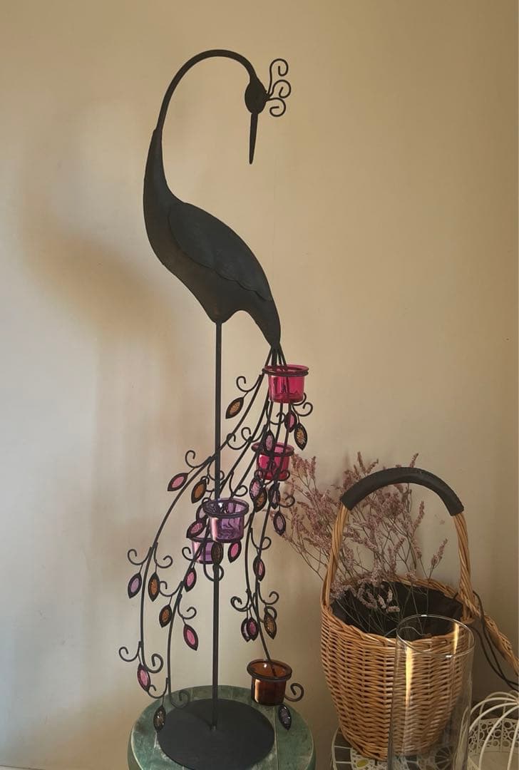 美品　孔雀　アイアン　キャンドルスタンド