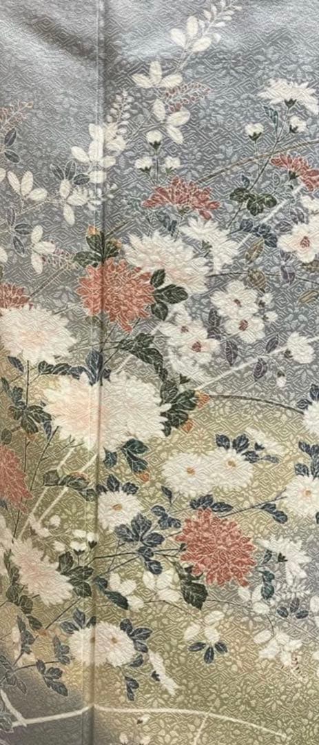 訪問着 花柄 グレー 絹