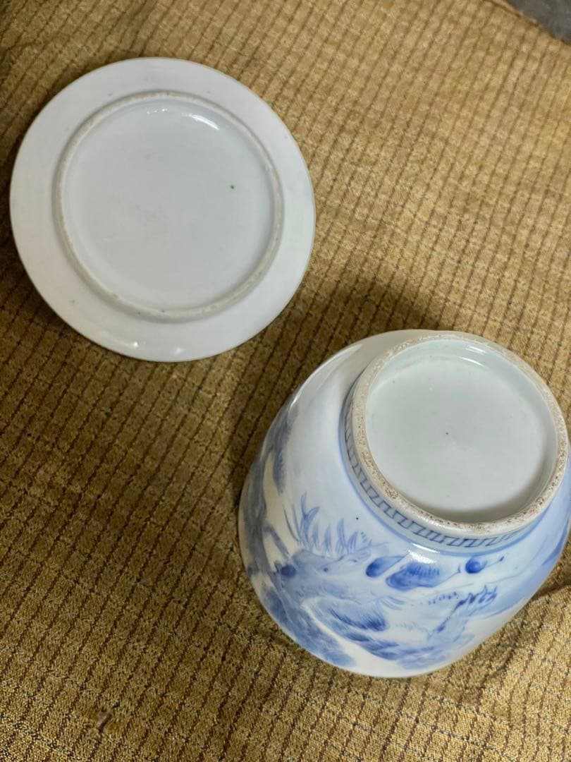 古平戸焼 染付 松竹に龍虎の図 蓋付湯呑 み茶碗 茶道具 江戸時代