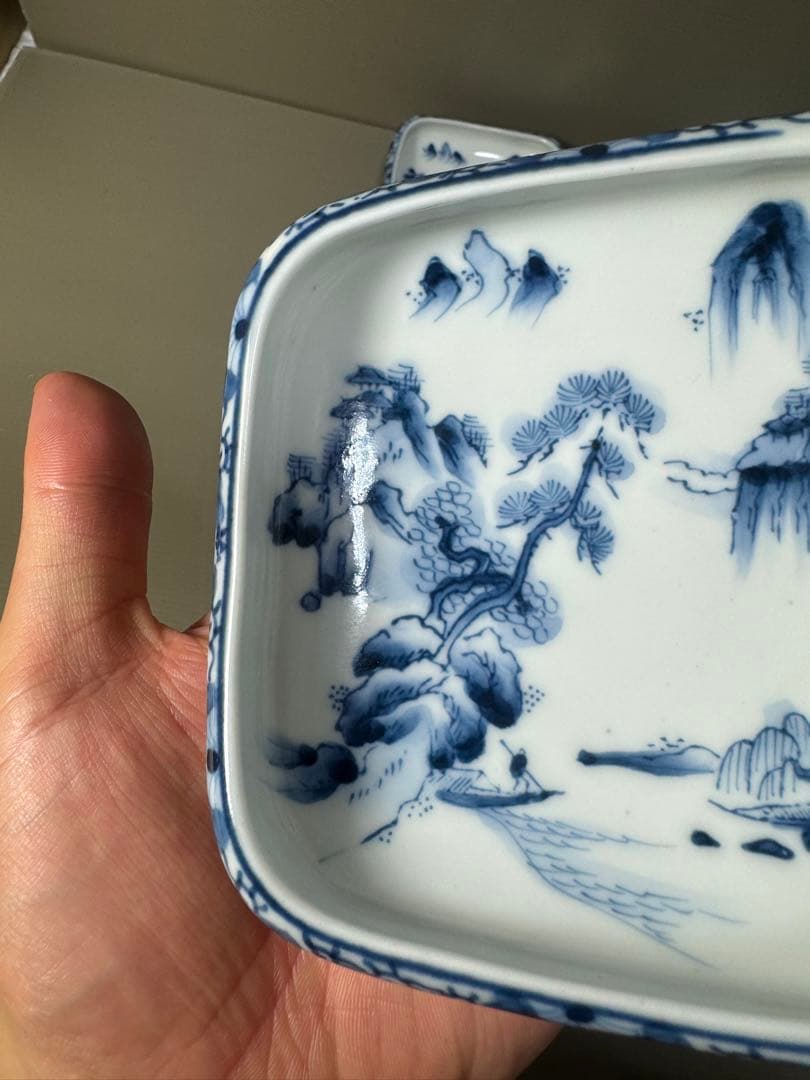 2224 九谷焼　角福　染付山水　中鉢　10客　時代物