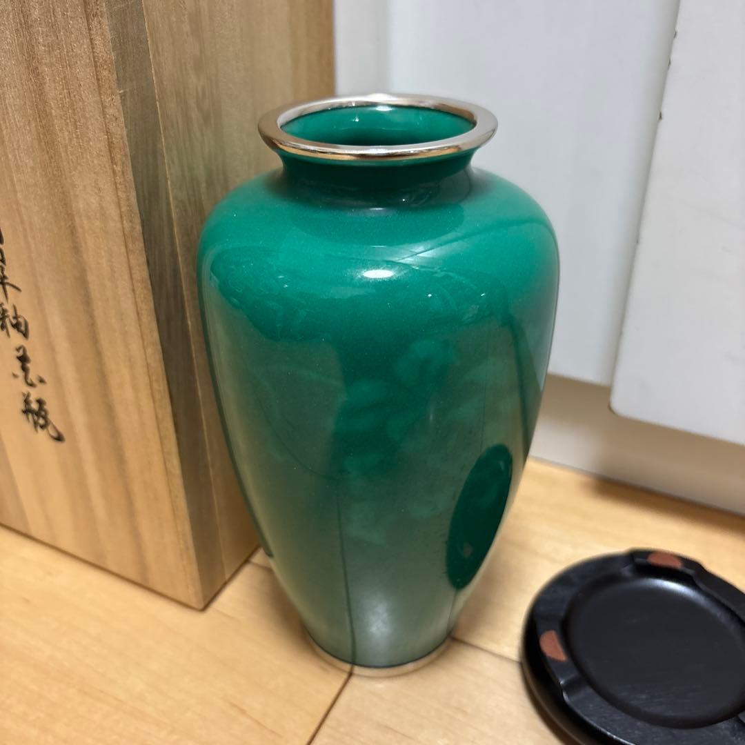 七寶翁翠釉　緑色　陶器製 花瓶 木箱付き　七宝翡翠釉