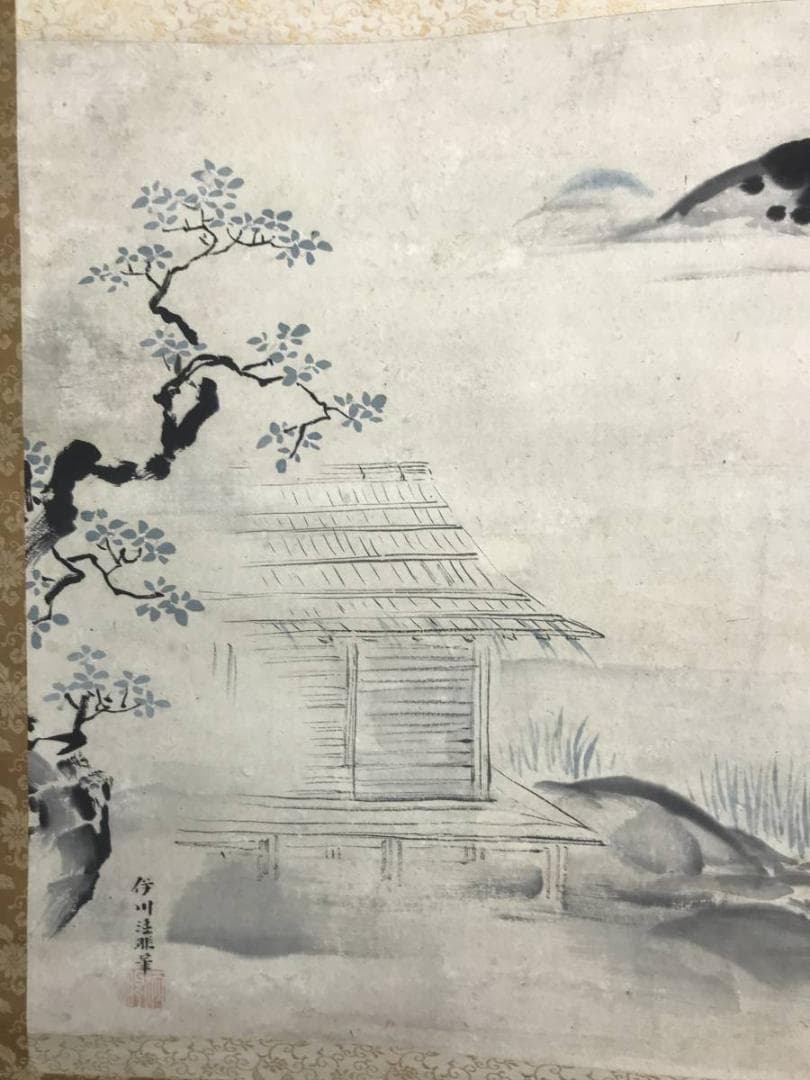 【真作】狩野伊川院/湖畔に水鳥図/山水図/横物/掛軸/名家伝来/AC-218