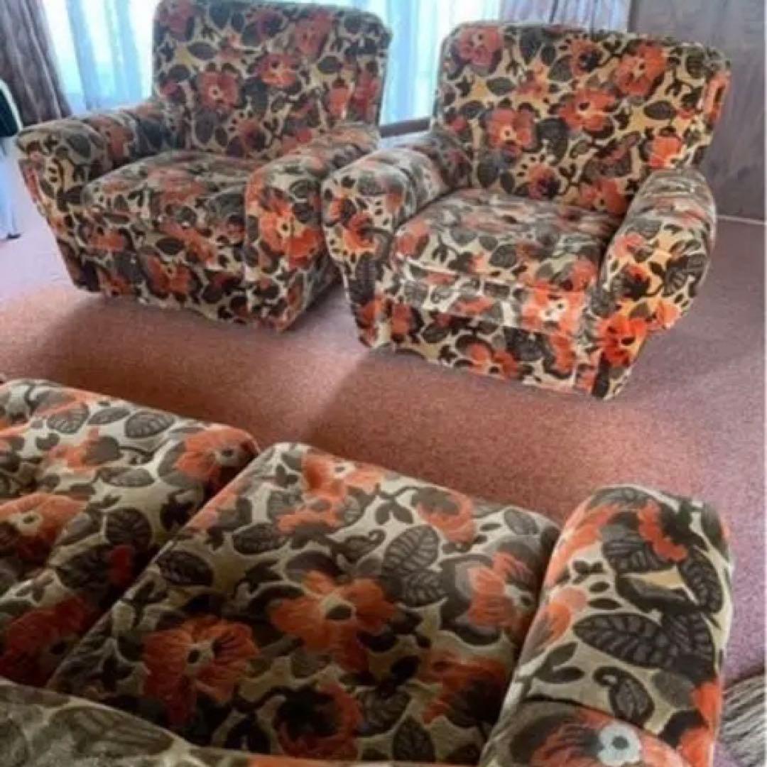 数日限定 70年代レトロ花柄ソファセット 直接引渡しのみ