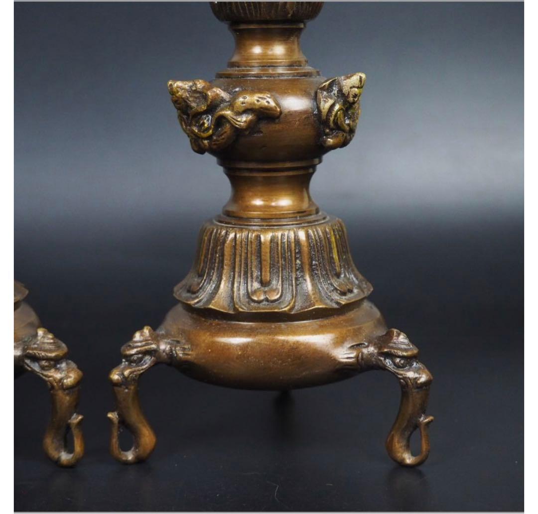 送料無料 時代物　『栄翠』造　銅製燭台一対　高さ27.5ｃｍ　仏教美術