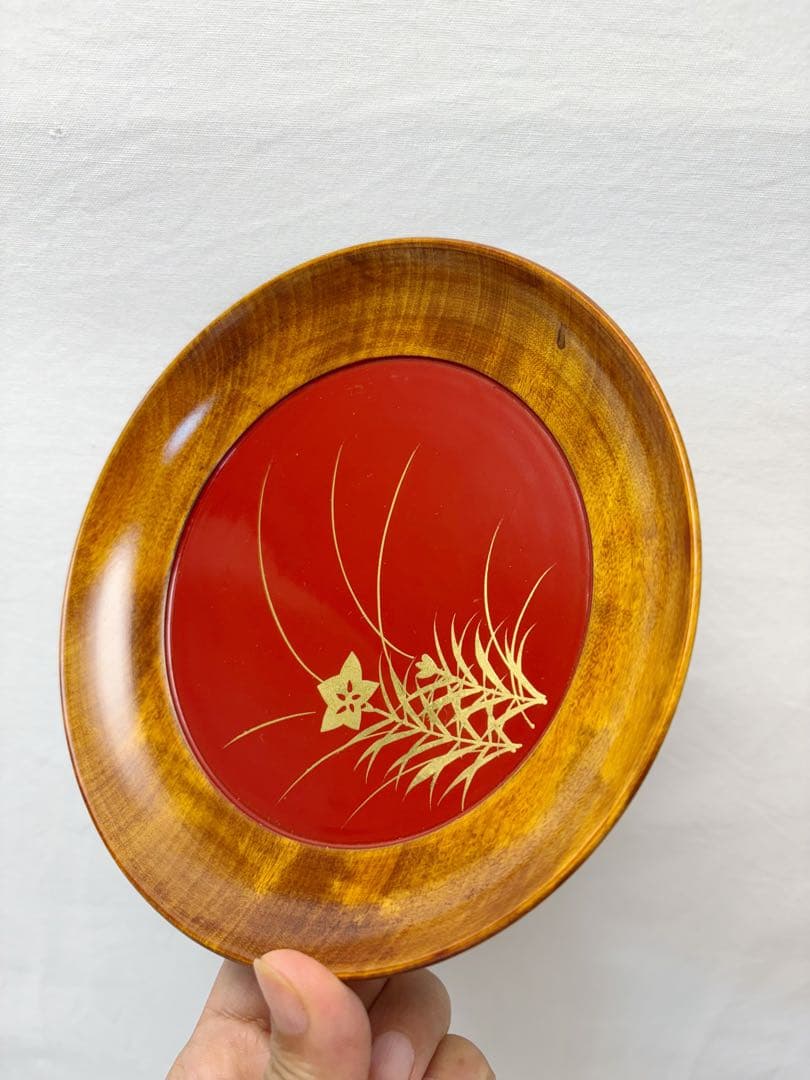 未使用 茶道具 文平堂作 木製漆器 金彩秋草蒔絵 銘々皿5客組 丸皿 和菓子共箱