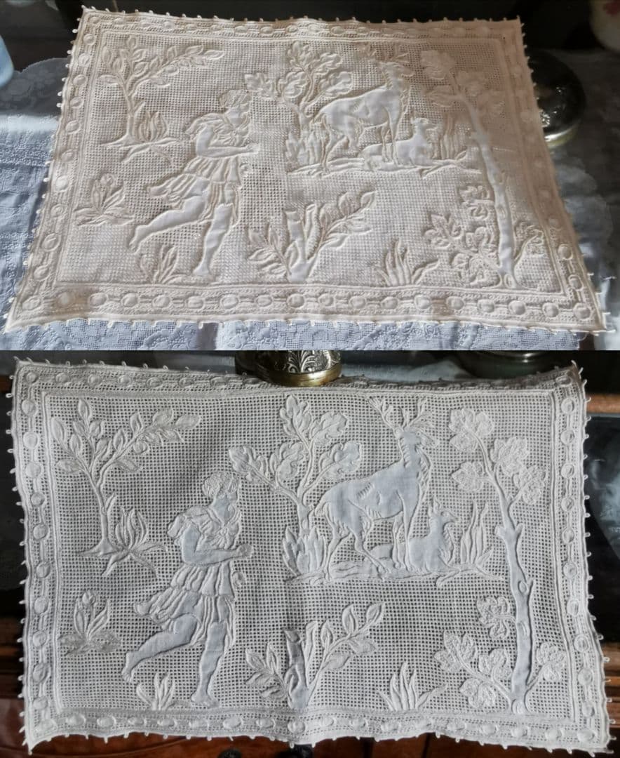 アンティークイタリア ブラットレース刺繍マット 森林の女神と鹿 狩りの神話 古典