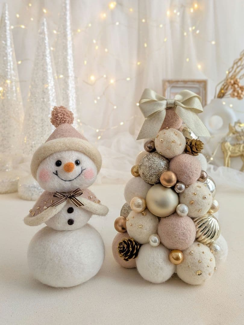 【クリスマス飾り】フェルトボールツリー&スノーマンのセットアイテム（ホワイト系）