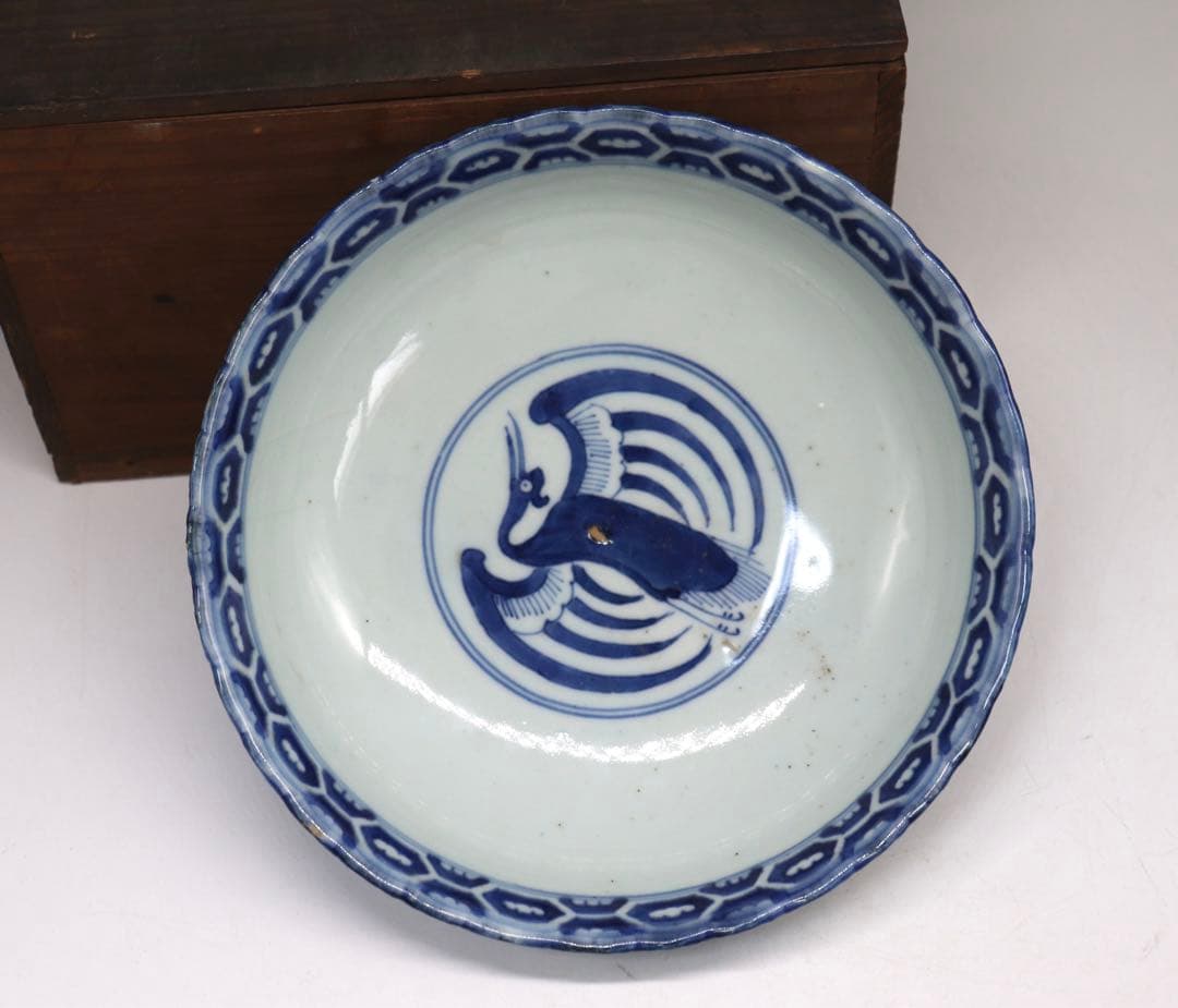 中国　清朝期　大清乾隆年製　染付内鶴紋&外山水紋お碗　共箱　送料込み0805