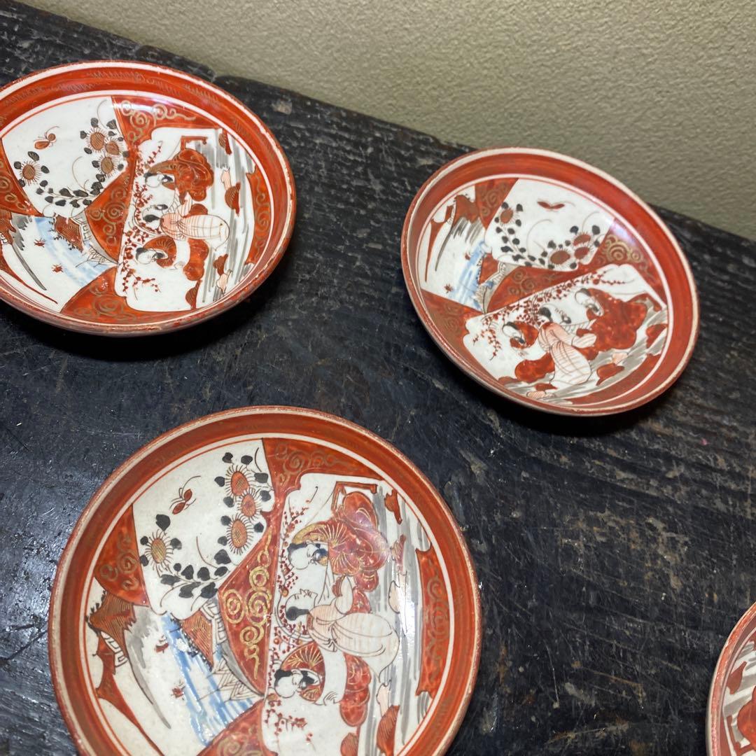 明治　九谷　赤絵小皿5枚セット