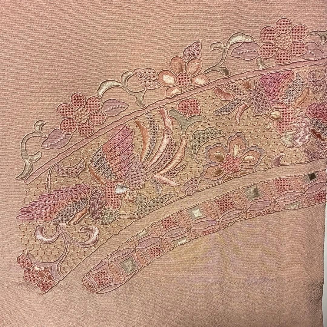 D49 訪問着 総刺繍 汕頭・蘇州 一つ紋 正絹 着物 袷 極美品