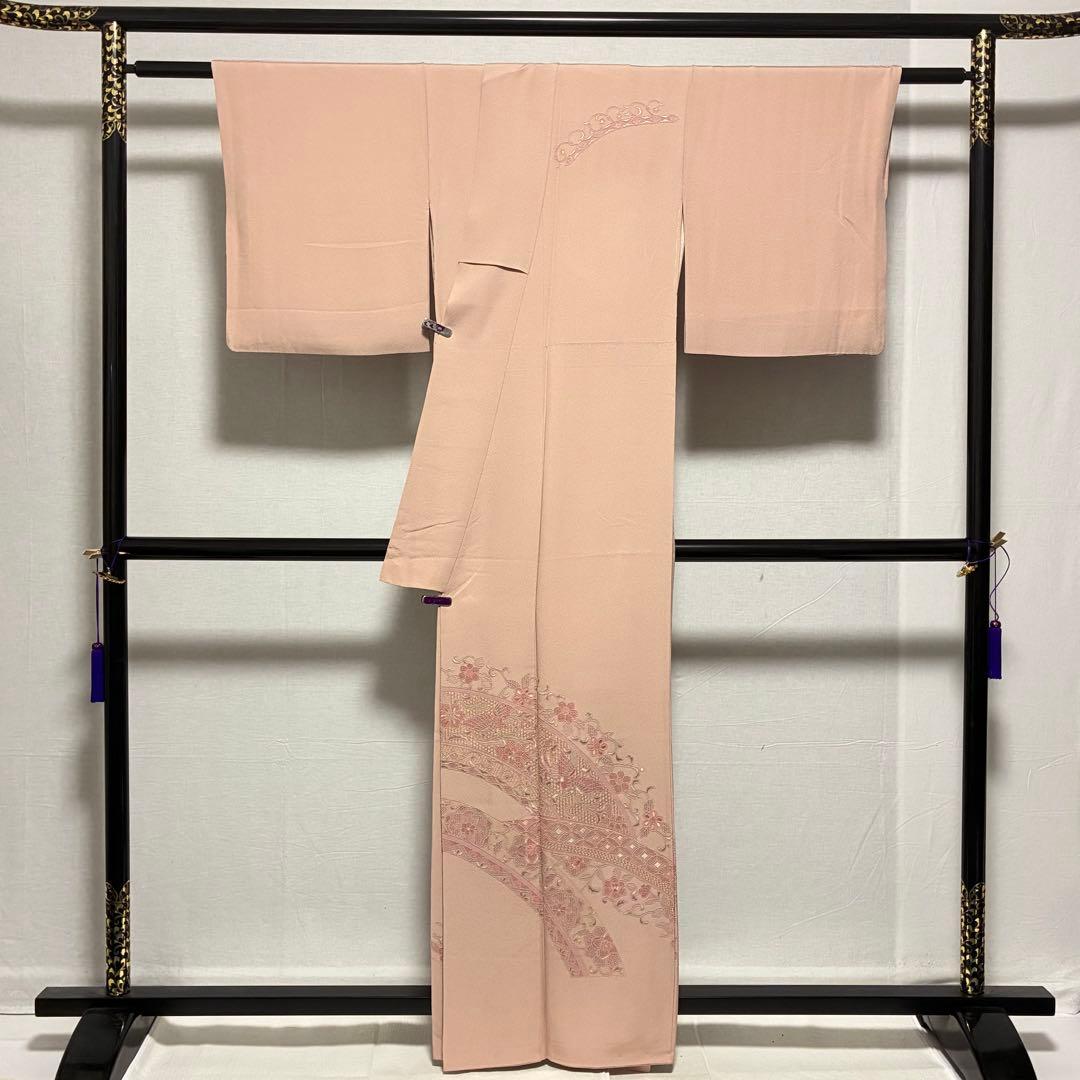 D49 訪問着 総刺繍 汕頭・蘇州 一つ紋 正絹 着物 袷 極美品