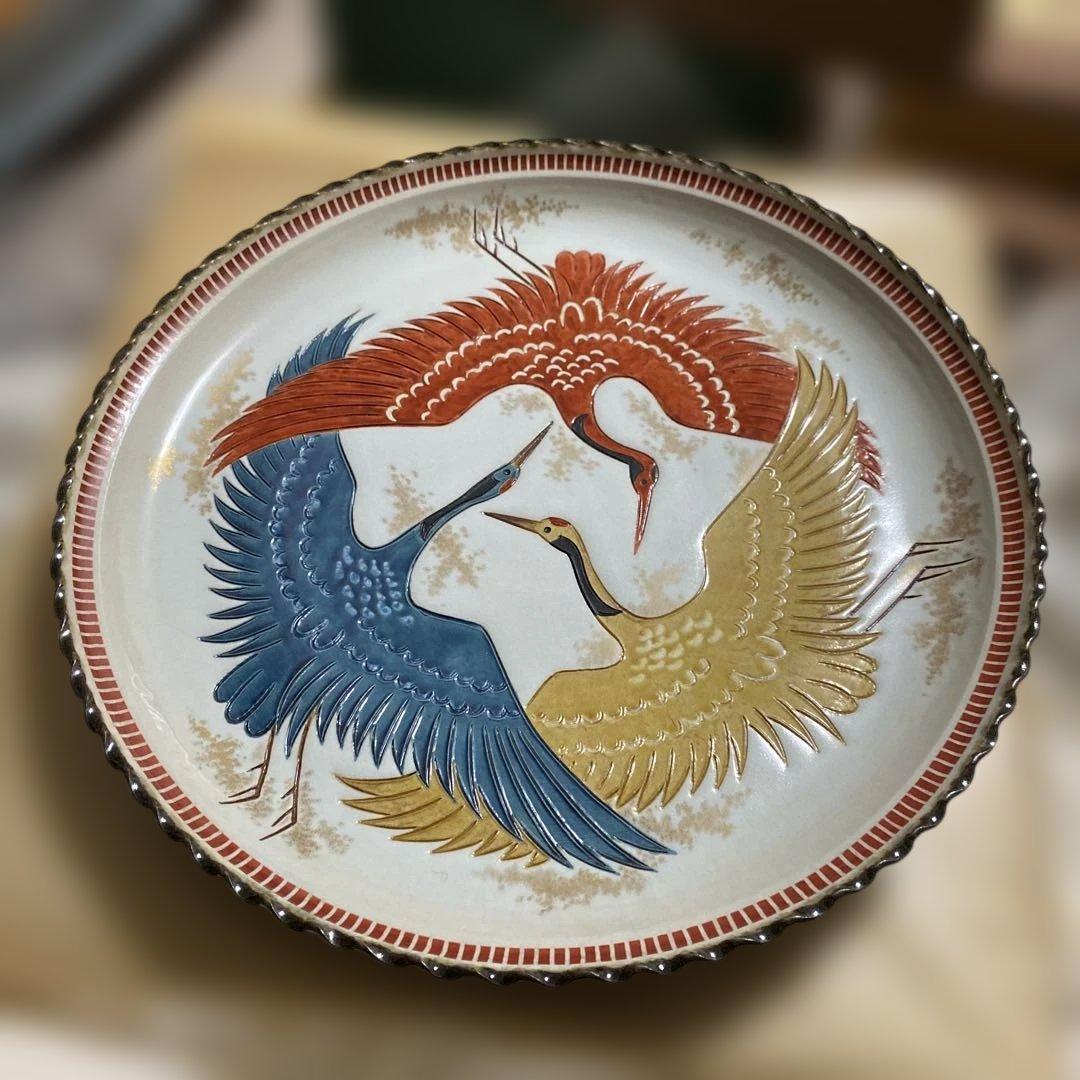 色絵三鶴　額皿　螢窯　中村翠恒氏作　34㎝　共箱入