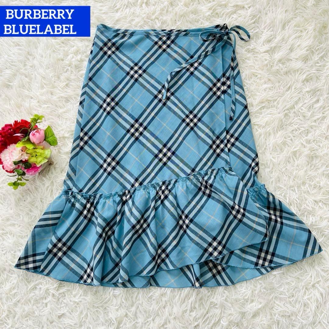 希少カラー✨バーバリーブルーレーベル　ノバチェックスカート34ラップティアード