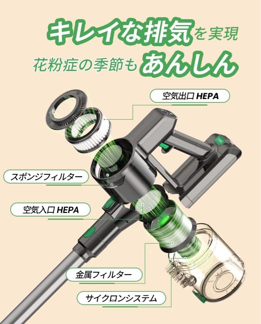 コードレス掃除機 LEDタッチパネル 42KPa強力吸引力