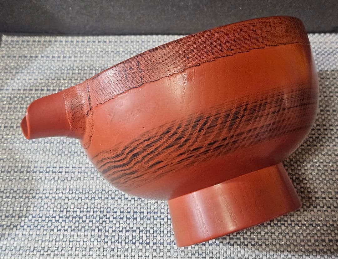 天然木　くり貫き造　朱漆塗　根来仕上　口縁布張　片口椀　酒次　酒器　未使用品！
