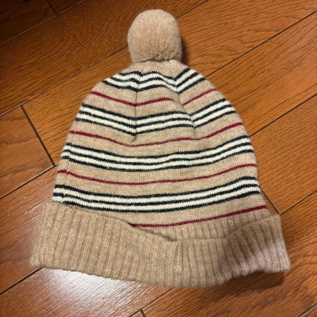 【美品】BURBERRY ニット帽 ベージュ ストライプ 52-56