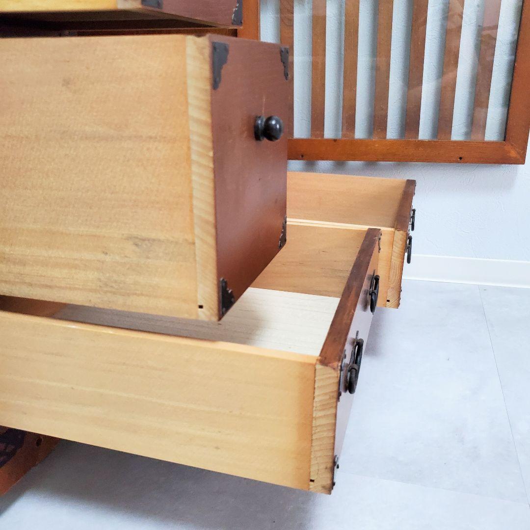 希少★欅 車箪笥 茶棚 茶箪笥 和箪笥 古家具 小引き出し ガラス扉 車輪