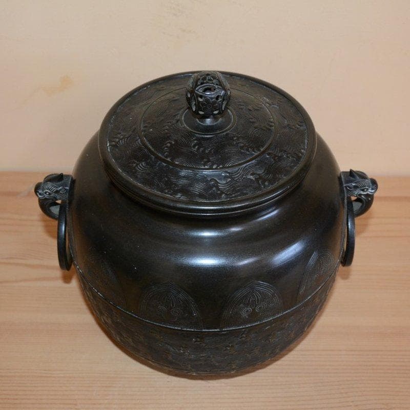 唐銅繰口水指　蕨波地紋　西村道也造　極：十三代宮崎寒雉　茶道具　古物　送料無料