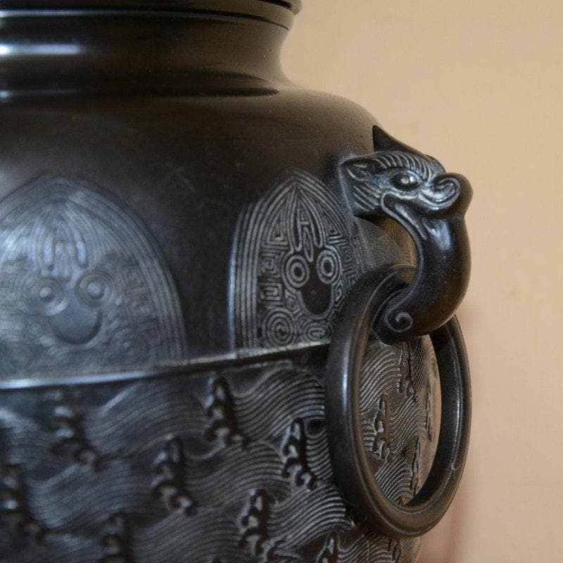 唐銅繰口水指　蕨波地紋　西村道也造　極：十三代宮崎寒雉　茶道具　古物　送料無料