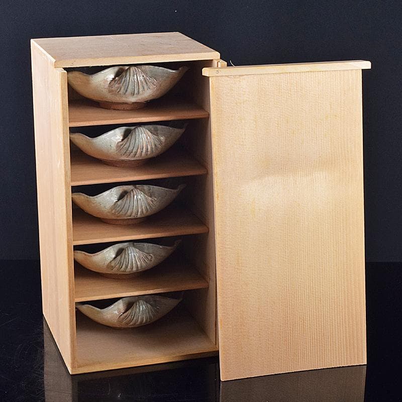 ピノ　和食器萩焼大華山鳥雲窯納富鳥雲作　貝形向付五客共箱　V　R8000B