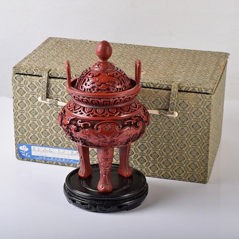 中国　剔紅　堆朱　神獣彫　香炉　唐木台付　D　R8251