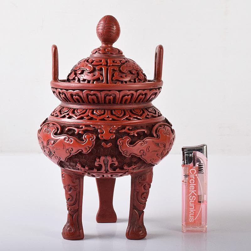 中国　剔紅　堆朱　神獣彫　香炉　唐木台付　D　R8251