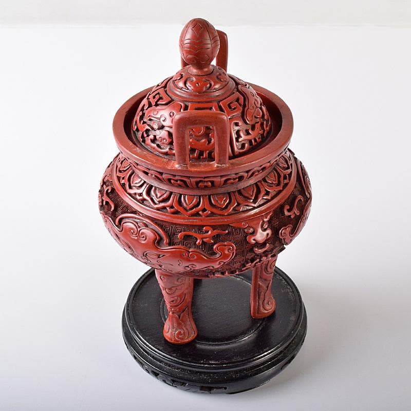 中国　剔紅　堆朱　神獣彫　香炉　唐木台付　D　R8251
