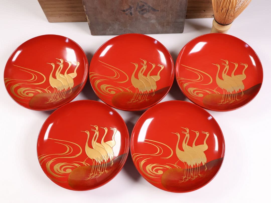 【CM374】時代木製漆器 光琳写 金蒔絵 群鶴図 朱塗 引盃 五客 小皿 杯