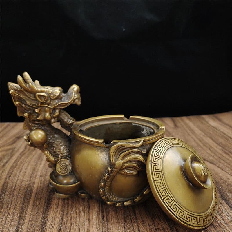 銅製 竜戯珠の灰皿 書道具 文房具 装飾品 工芸品 美術品