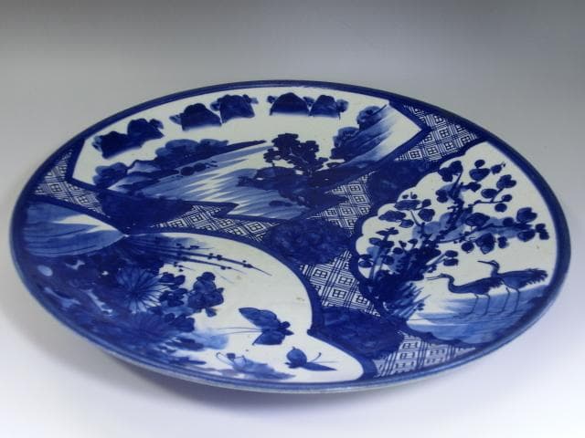 大皿■ベロ藍(江戸後期~明治期)古い染付 鶴 花蝶紋 花唐草 直し有り 時代物