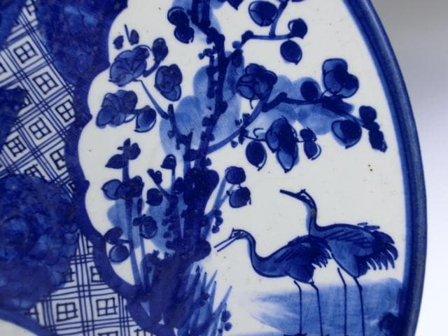 大皿■ベロ藍(江戸後期~明治期)古い染付 鶴 花蝶紋 花唐草 直し有り 時代物