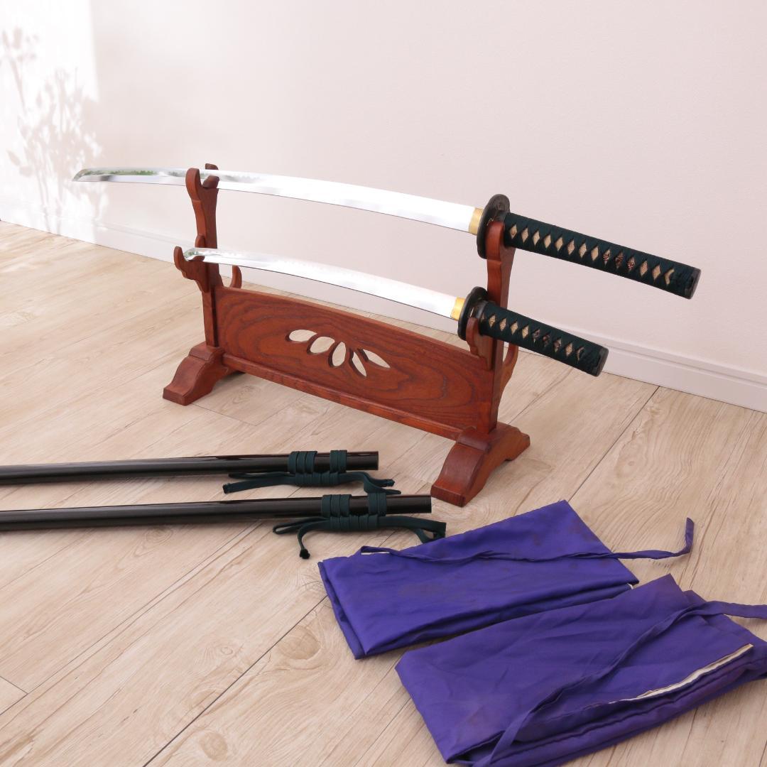 模造刀 日本刀 大小セット 黒柄 木製刀掛け(刀置き)・収納袋セット