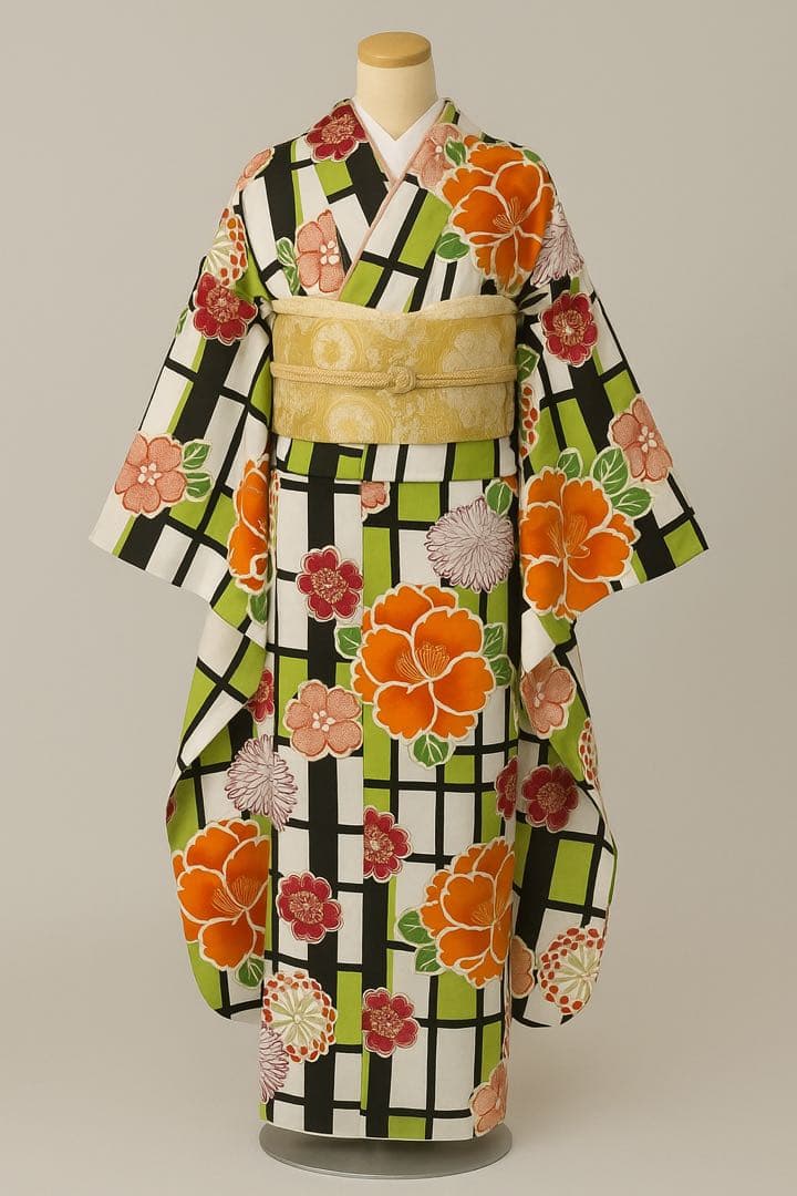 [極美品] 洗える　本振袖　白　緑　格子　成人式　結婚式　振袖　礼装　高身長