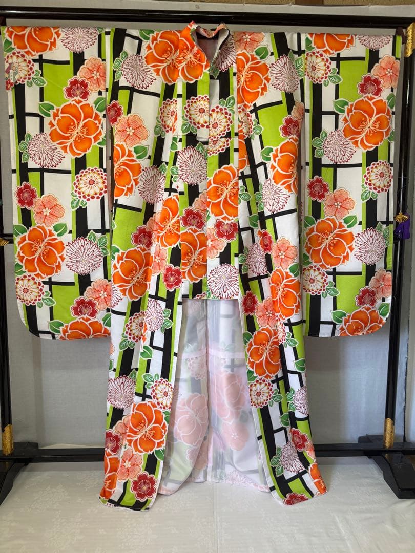 [極美品] 洗える　本振袖　白　緑　格子　成人式　結婚式　振袖　礼装　高身長