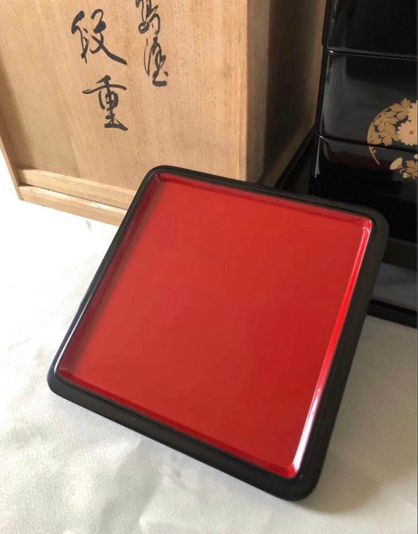 能登 輪島塗 花丸四君子蒔絵四段重箱 二枚蓋 重台付 漆器 重箱 未使用品