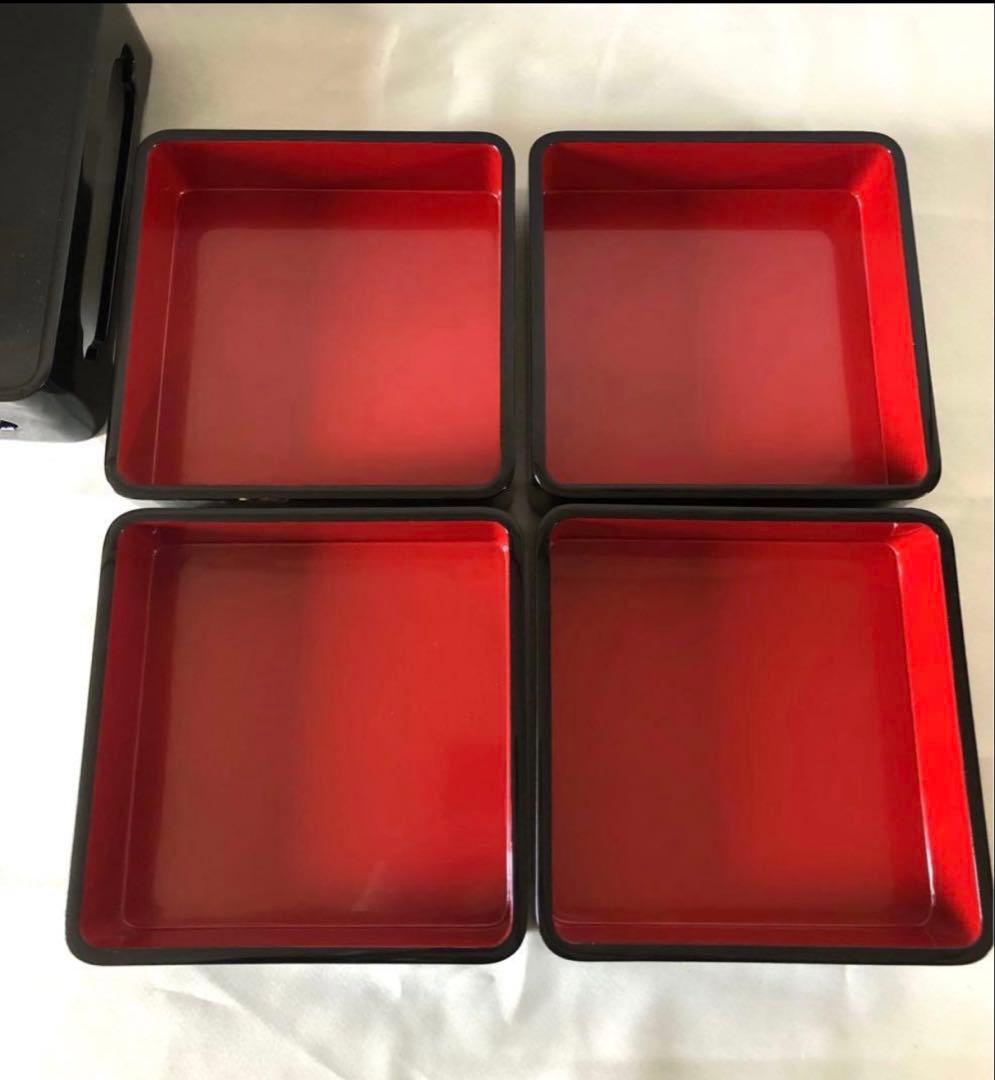 能登 輪島塗 花丸四君子蒔絵四段重箱 二枚蓋 重台付 漆器 重箱 未使用品