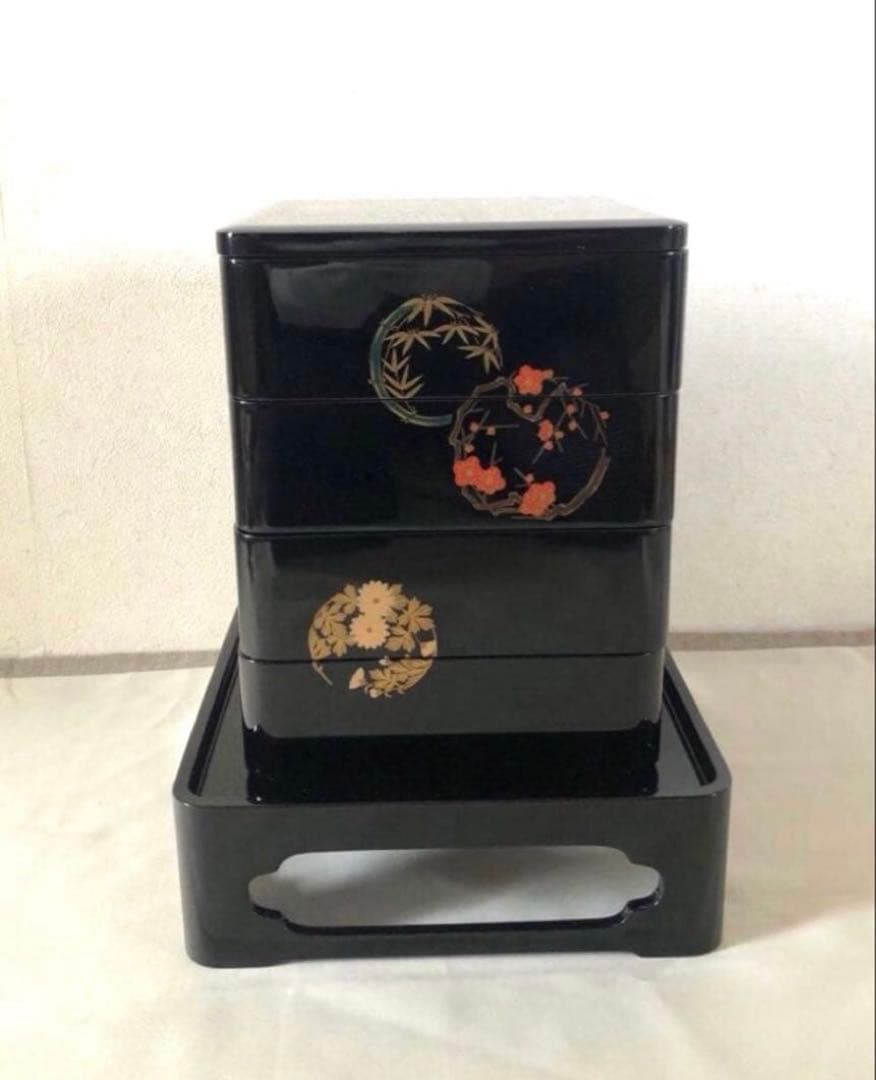 能登 輪島塗 花丸四君子蒔絵四段重箱 二枚蓋 重台付 漆器 重箱 未使用品