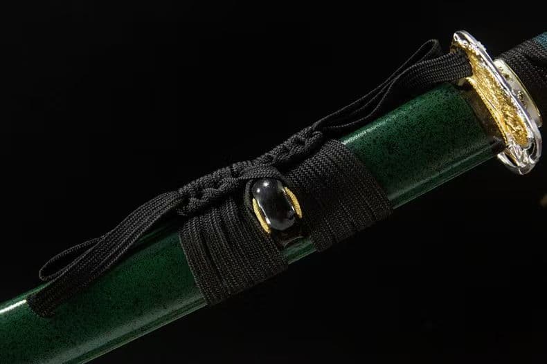 ３日内速達 緑魔太刀1060高マンガン鋼模造刀金豹刀鍔緑鞘青紐居合練習用日本刀