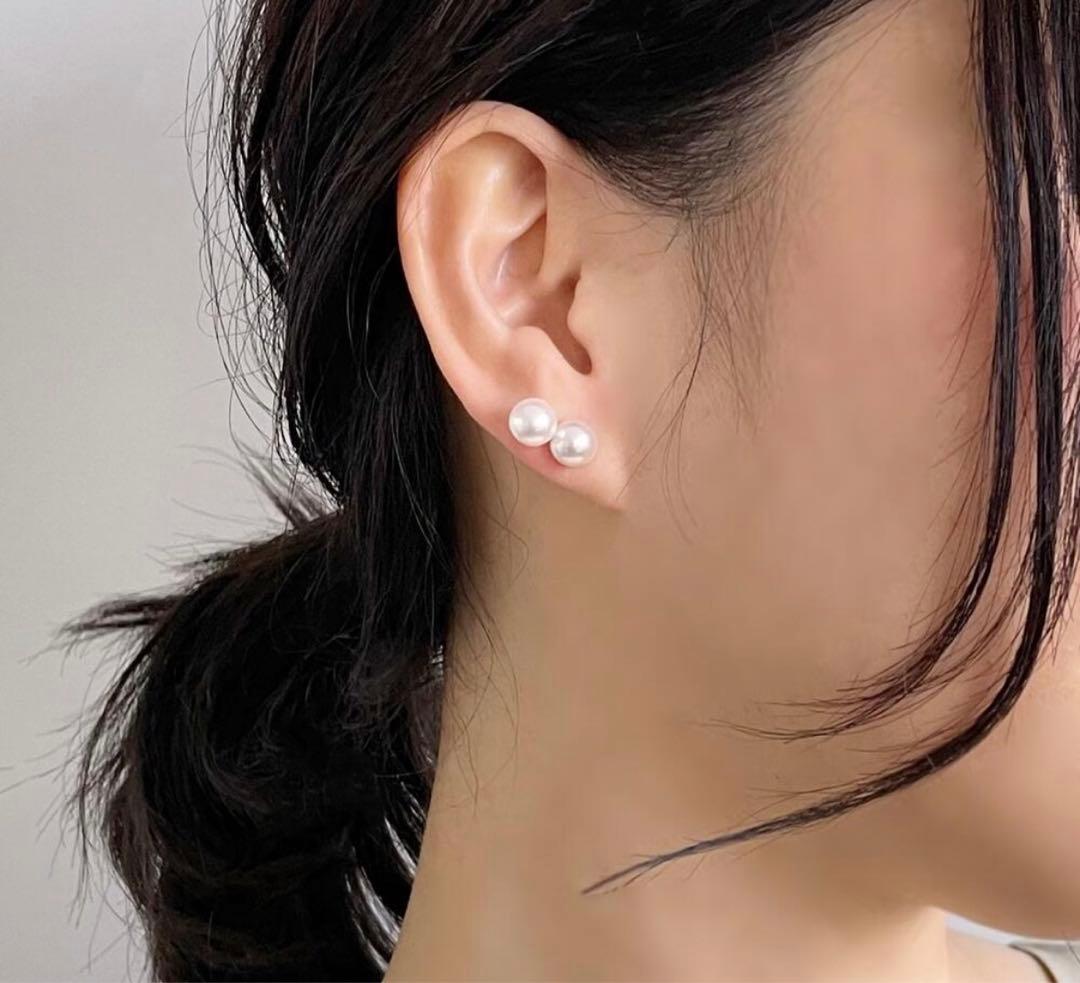 《Carina》 あこや真珠2粒ピアス7.5-8.0mm K14WGパールピアス