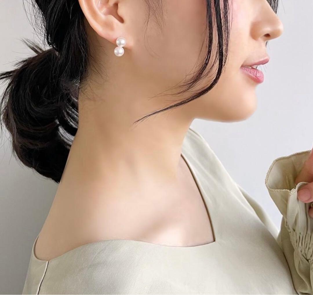 《Carina》 あこや真珠2粒ピアス7.5-8.0mm K14WGパールピアス