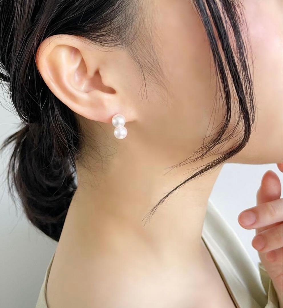 《Carina》 あこや真珠2粒ピアス7.5-8.0mm K14WGパールピアス