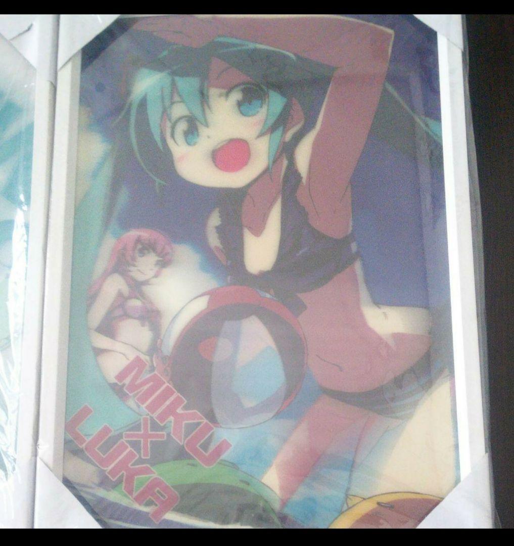 初音ミク 3Dポスター(水着、額縁入り)２枚セット+旗(壁掛けタペストリー)１枚