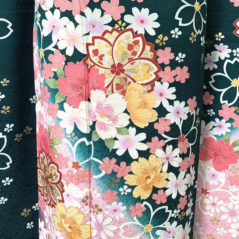 502z21.半衿〇京都きもの友禅 振袖 地紋 金彩 桜 花 緑〇美品 成人式