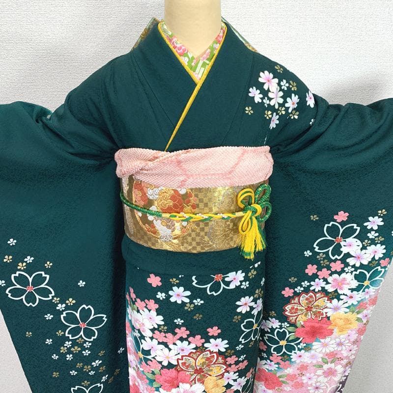 502z21.半衿〇京都きもの友禅 振袖 地紋 金彩 桜 花 緑〇美品 成人式