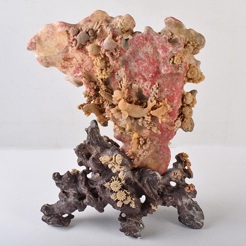 中国　玉石昌化鶏血石　魚蟹海老花刻　置物　床飾　約6㎏　F　R7946B