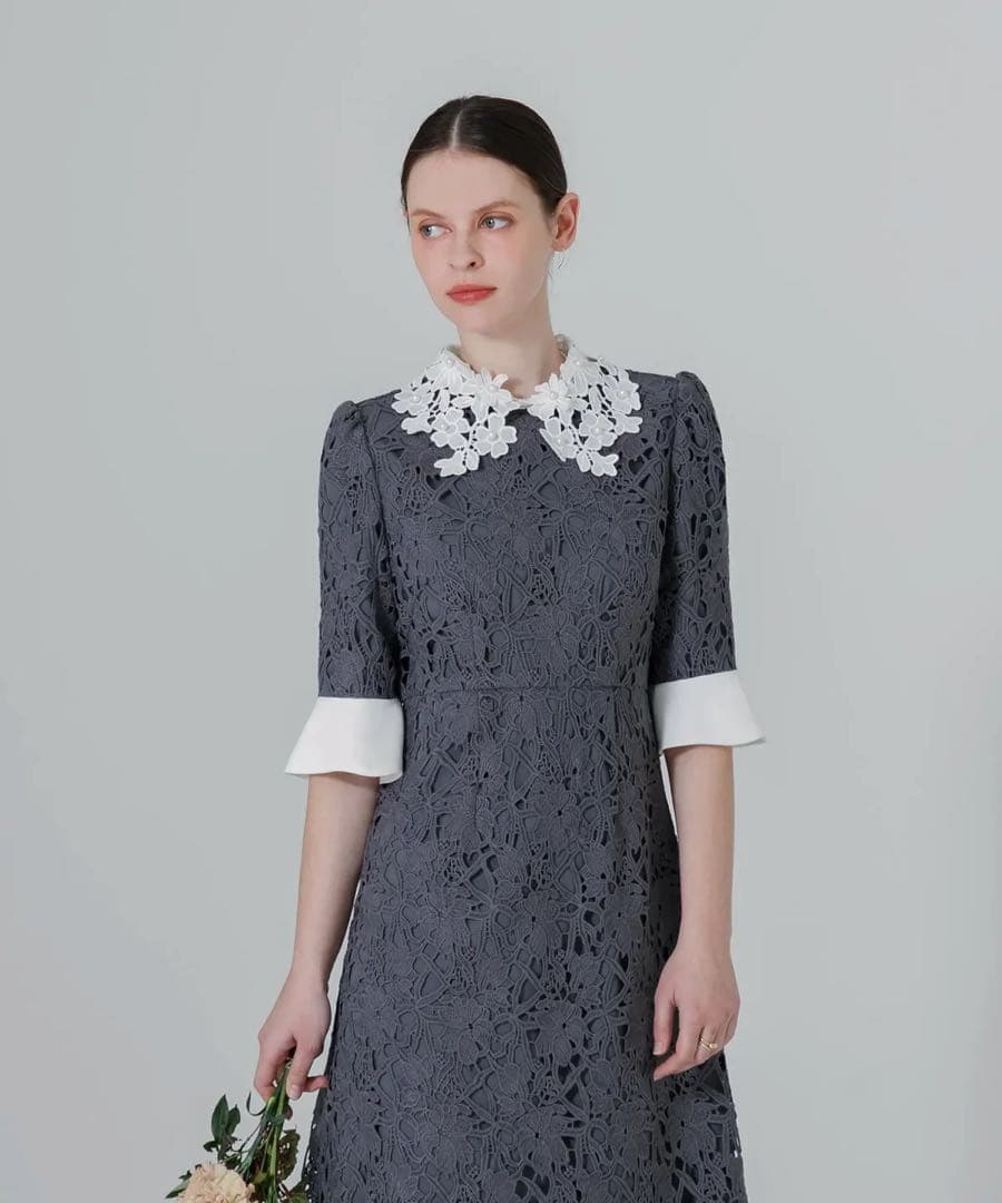 leja 花柄レースカラースパンコールAラインワンピースドレス　ドレス